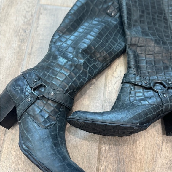 Born Lewis black croc embossed leather double buckle heeled boots - Picture 4 of 15